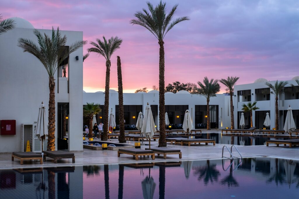 Beautiful hotel at sunset.